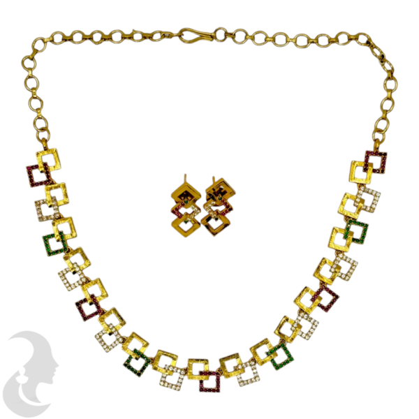 Premium AD Necklace- Square Design Necklace- Ruby, Green Color & AD Stones- Studs, Product Code: V-1607