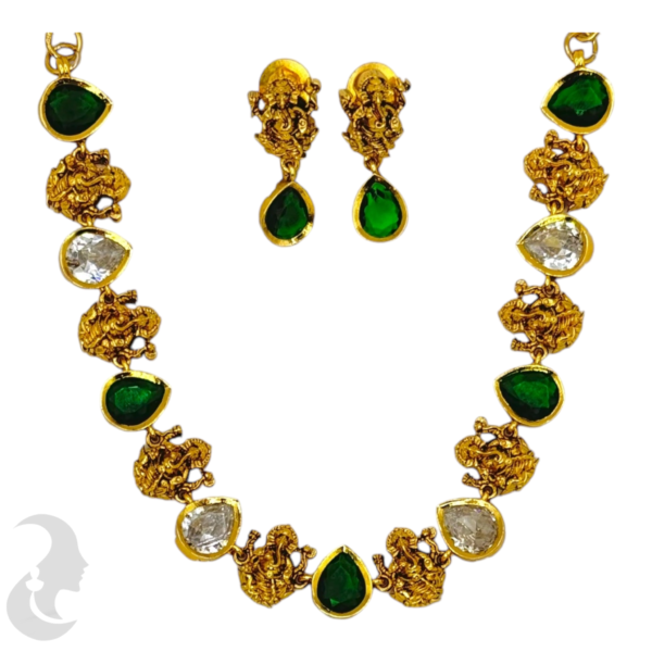 Premium AD Necklace- Oval & Ganapati Design Necklace- Green Color & AD Stones- Studs, Product Code: V-1609