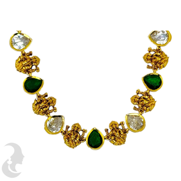 Premium AD Necklace- Oval & Ganapati Design Necklace- Green Color & AD Stones- Studs, Product Code: V-1609 - Image 2