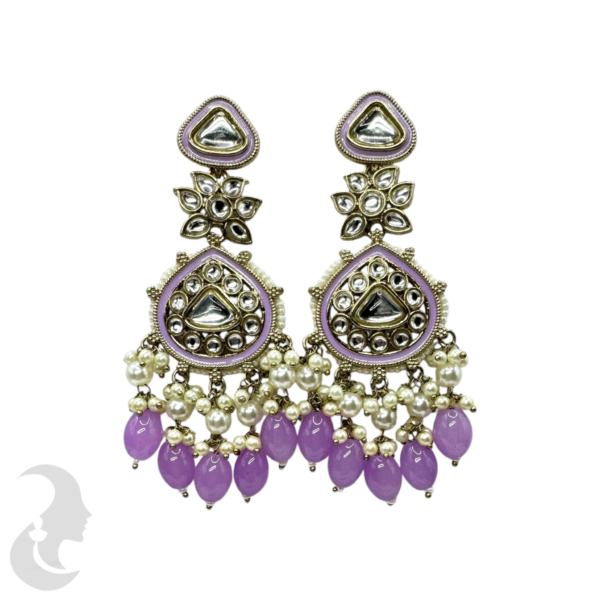 Kundan Stone Earrings- White & Light Purple Hangings, Product Code: V-1802