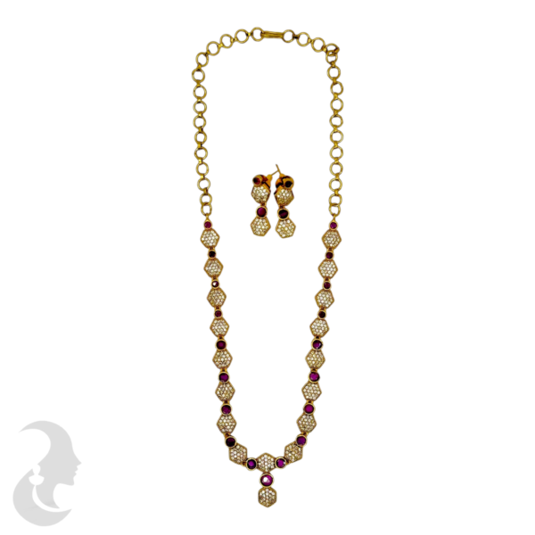 Premium AD Necklace- Hexagon Design Necklace- Ruby Color & AD Stones- Studs, Product Code: V-1613