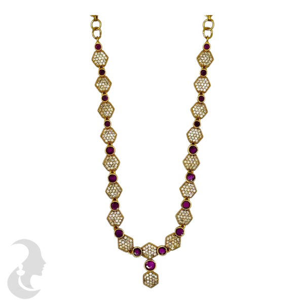 Premium AD Necklace- Hexagon Design Necklace- Ruby Color & AD Stones- Studs, Product Code: V-1613 - Image 2