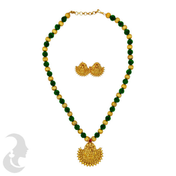 Short Necklace- Lakshmi Pendant- Velvet Green Color & Gold Beads- Lakshmi Studs, Product Code: V-1622