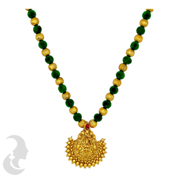 Short Necklace- Lakshmi Pendant- Velvet Green Color & Gold Beads- Lakshmi Studs, Product Code: V-1622 - Image 2