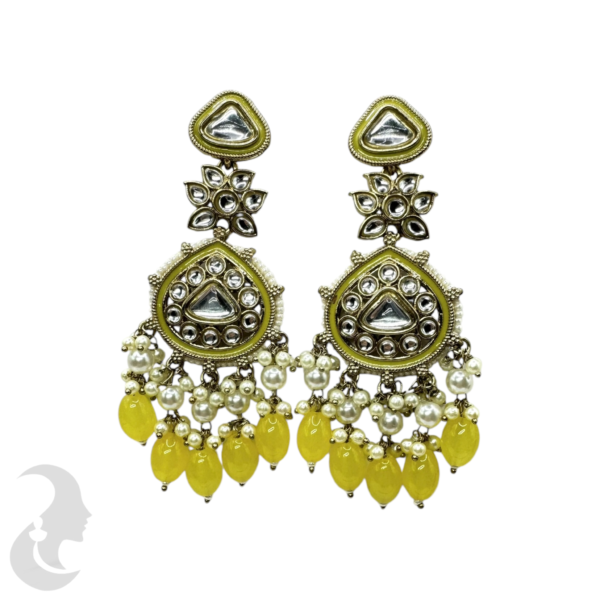 Kundan Stone Earrings- White & Yellow Hangings, Product Code: V-1803