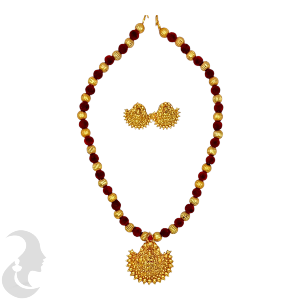 Short Necklace- Lakshmi Pendant- Velvet Red & Gold Beads- Lakshmi Studs, Product Code: V-1623