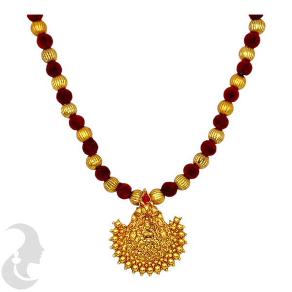 Short Necklace- Lakshmi Pendant- Velvet Red & Gold Beads- Lakshmi Studs, Product Code: V-1623 - Image 2