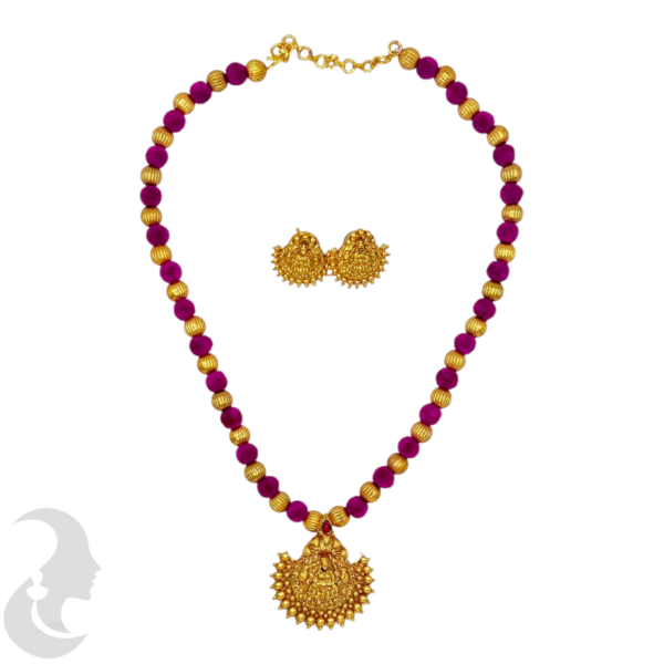 Short Necklace- Lakshmi Pendant- Velvet Pink & Gold Beads- Lakshmi Studs, Product Code: V-1624