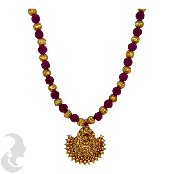 Short Necklace- Lakshmi Pendant- Velvet Pink & Gold Beads- Lakshmi Studs, Product Code: V-1624 - Image 2