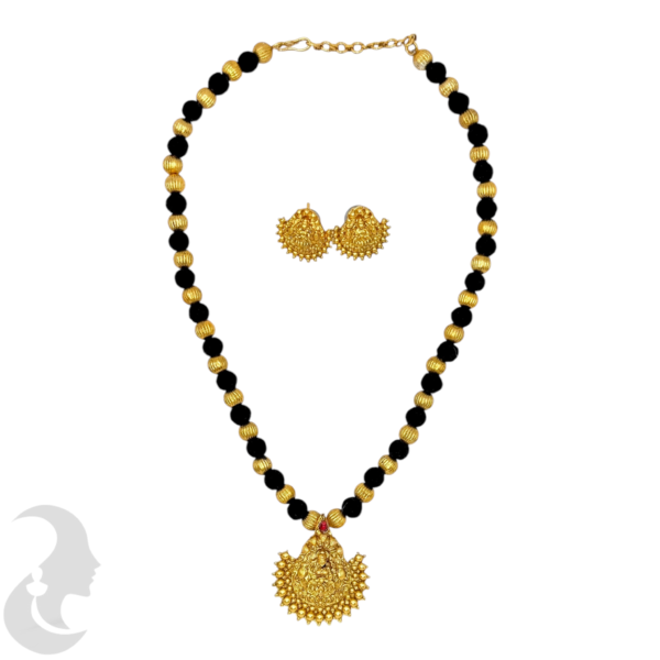 Short Necklace- Lakshmi Pendant- Black & Gold Beads- Lakshmi Studs, Product Code: V-1625