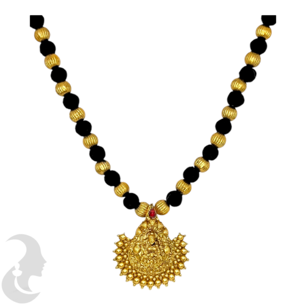 Short Necklace- Lakshmi Pendant- Black & Gold Beads- Lakshmi Studs, Product Code: V-1625 - Image 2