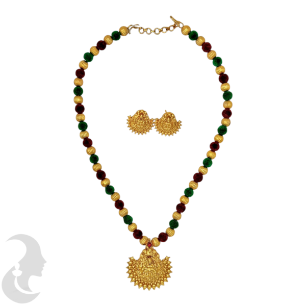 Short Necklace- Lakshmi Pendant- Velvet Red, Green Color & Gold Beads- Lakshmi Studs, Product Code: V-1626