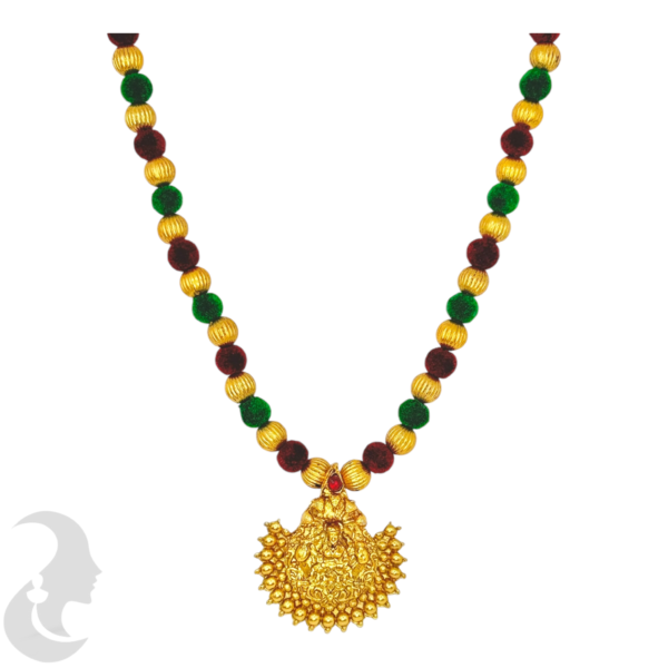 Short Necklace- Lakshmi Pendant- Velvet Red, Green Color & Gold Beads- Lakshmi Studs, Product Code: V-1626 - Image 2