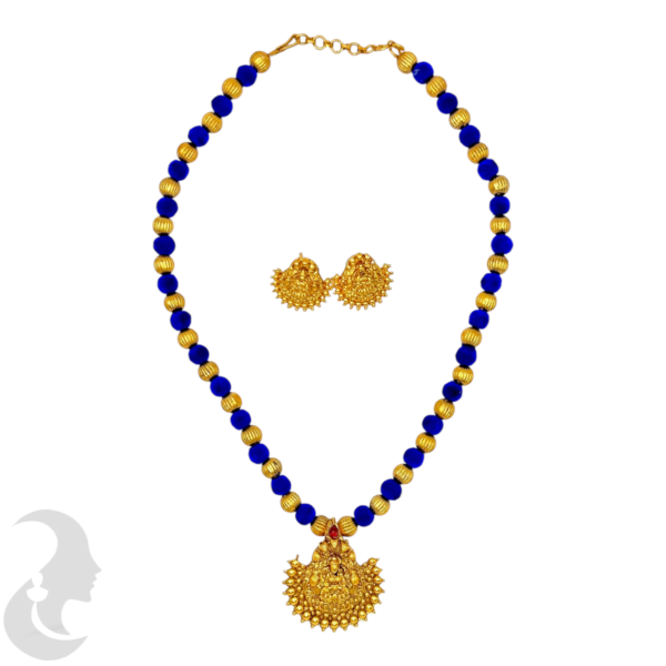 Short Necklace- Lakshmi Pendant- Velvet Blue & Gold Beads- Lakshmi Studs, Product Code: V-1627