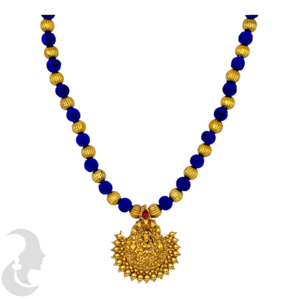 Short Necklace- Lakshmi Pendant- Velvet Blue & Gold Beads- Lakshmi Studs, Product Code: V-1627 - Image 2