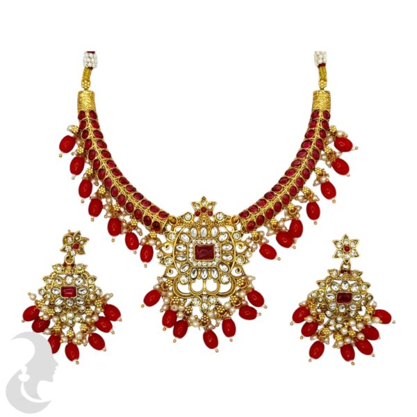 Short Necklace- Hasli Set- Red & Plain Stones - Hangings Studs, Product Code: V-1628