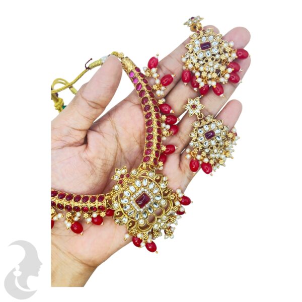 Short Necklace- Hasli Set- Red & Plain Stones - Hangings Studs, Product Code: V-1628 - Image 2