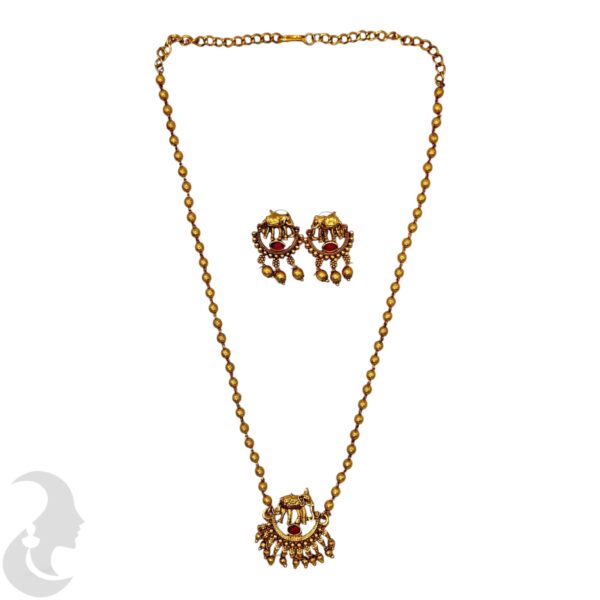 Mid Length Necklace- Gold Beads Necklace- Elephant Pendant- Ruby Color Stone- Studs, Product Code: V-1630