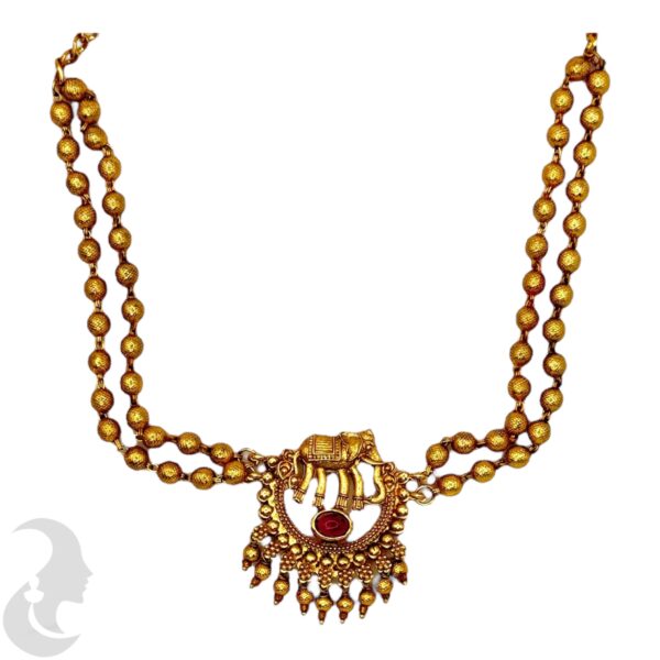 Choker- Gold Beads- Elephant Design- Ruby Color Stones, Product Code: V-1631