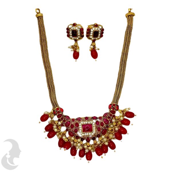 Short Necklace- Red Stones- Red Beads - Studs, Product Code: V-1635