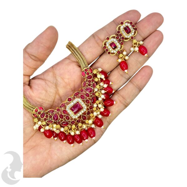 Short Necklace- Red Stones- Red Beads - Studs, Product Code: V-1635 - Image 2