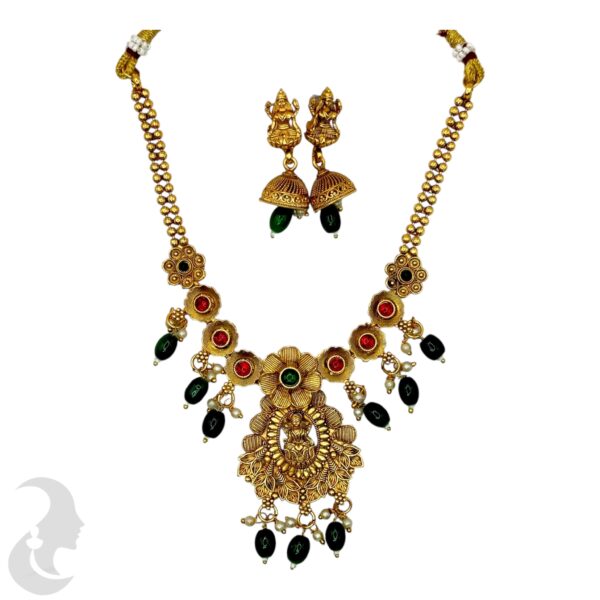 Short Necklace- Floral Design- Lakshmi Pendant- Green  & Ruby Color Stones- Jhumkas, Product Code: V-1636