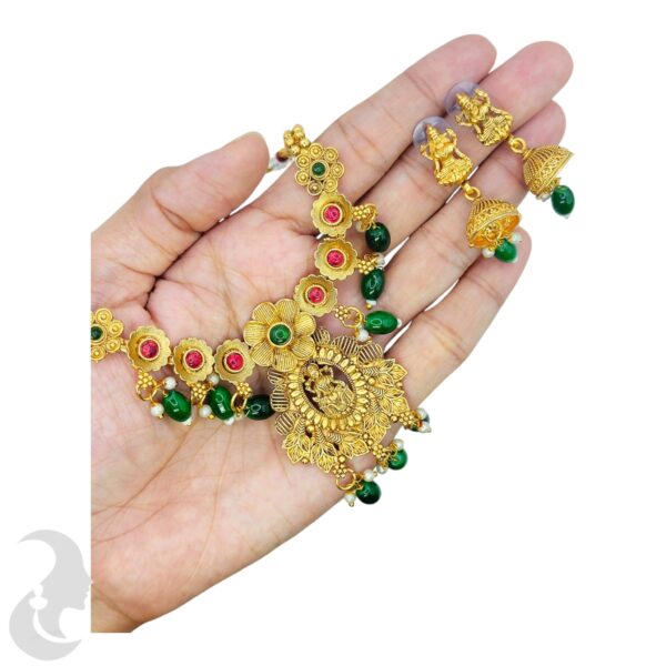 Short Necklace- Floral Design- Lakshmi Pendant- Green  & Ruby Color Stones- Jhumkas, Product Code: V-1636 - Image 2