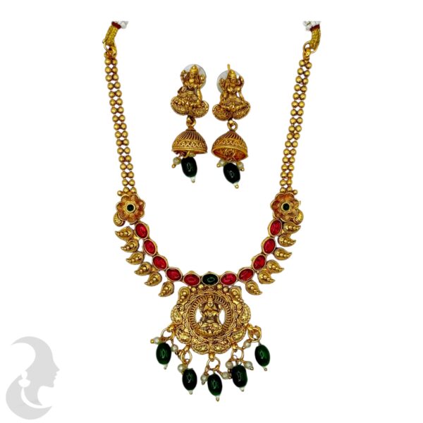 Short Necklace- Mango Design- Lakshmi Pendant- Green & Ruby Color Stones- Studs, Product Code: V-1637