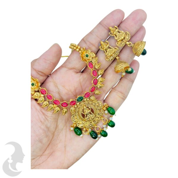 Short Necklace- Mango Design- Lakshmi Pendant- Green & Ruby Color Stones- Studs, Product Code: V-1637 - Image 2