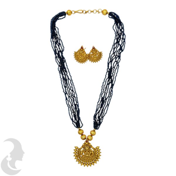 Mid Length Beads Necklace- Lakshmi Pendant- Blue Color- Lakshmi Studs, Product Code: V-1640