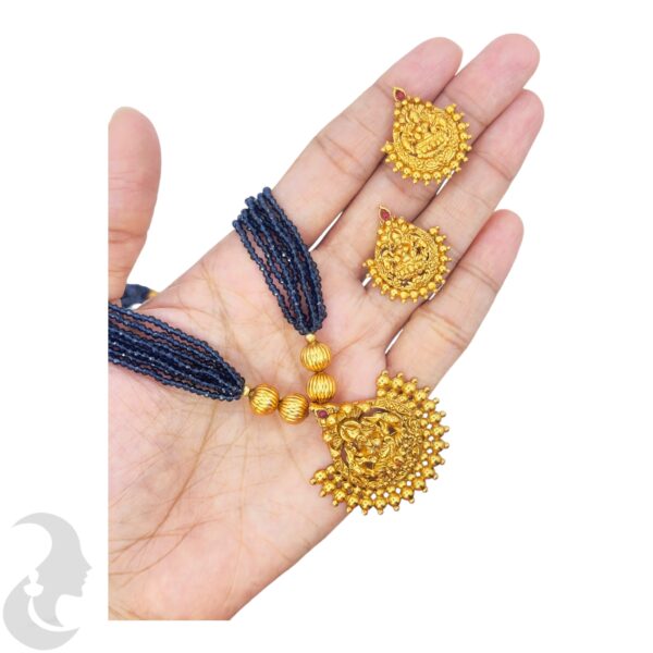 Mid Length Beads Necklace- Lakshmi Pendant- Blue Color- Lakshmi Studs, Product Code: V-1640 - Image 2