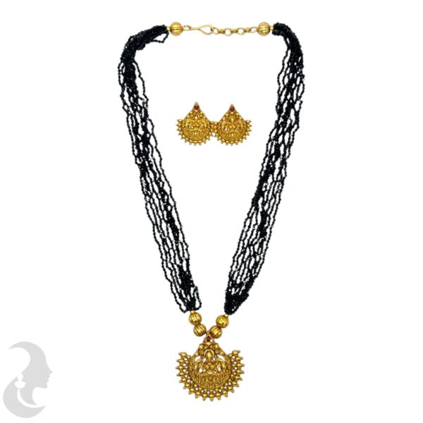 Mid Length Beads Necklace- Lakshmi Pendant- Black Color- Lakshmi Studs, Product Code: V-1641