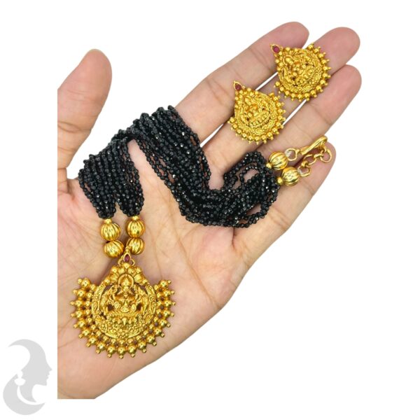 Mid Length Beads Necklace- Lakshmi Pendant- Black Color- Lakshmi Studs, Product Code: V-1641 - Image 2