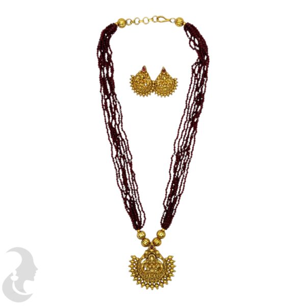 Mid Length Beads Necklace- Lakshmi Pendant- Maroon Color- Lakshmi Studs, Product Code: V-1642