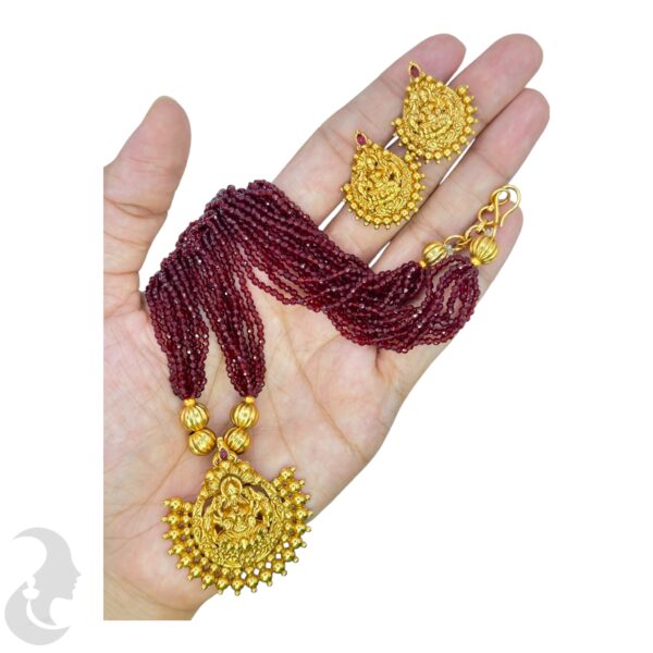 Mid Length Beads Necklace- Lakshmi Pendant- Maroon Color- Lakshmi Studs, Product Code: V-1642 - Image 2