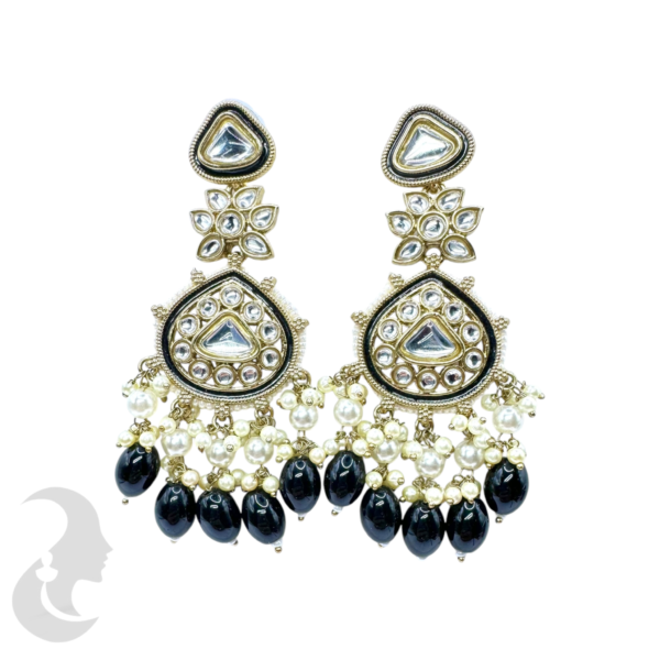 Kundan Stone Earrings- White & Black Hangings, Product Code: V-1805