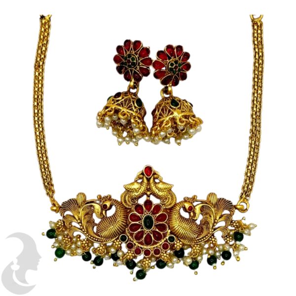 Choker- Flower & Peacock Design- Green & Ruby Color Stones- Jhumkas, Product Code: V-1647