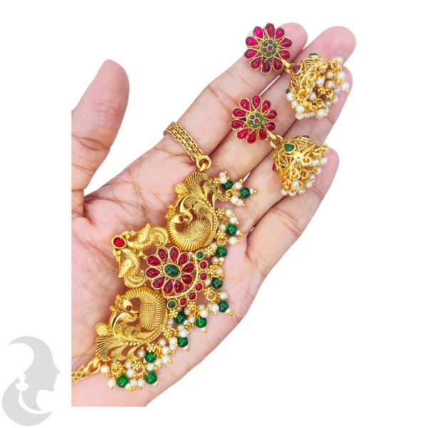 Choker- Flower & Peacock Design- Green & Ruby Color Stones- Jhumkas, Product Code: V-1647 - Image 2