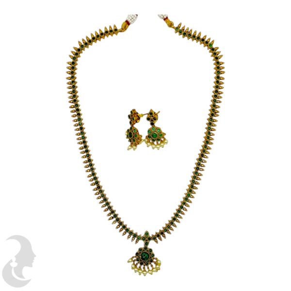 Mid Length Necklace- Green Color Stones Necklace- Flower Design Pendant-, Product Code: V-1650