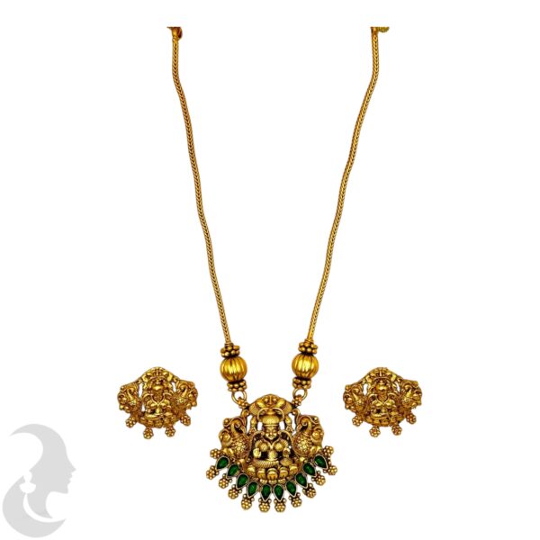 Short Necklace- Lakshmi & Peacock Design- Green Color Stones- Studs, Product Code: V-1651