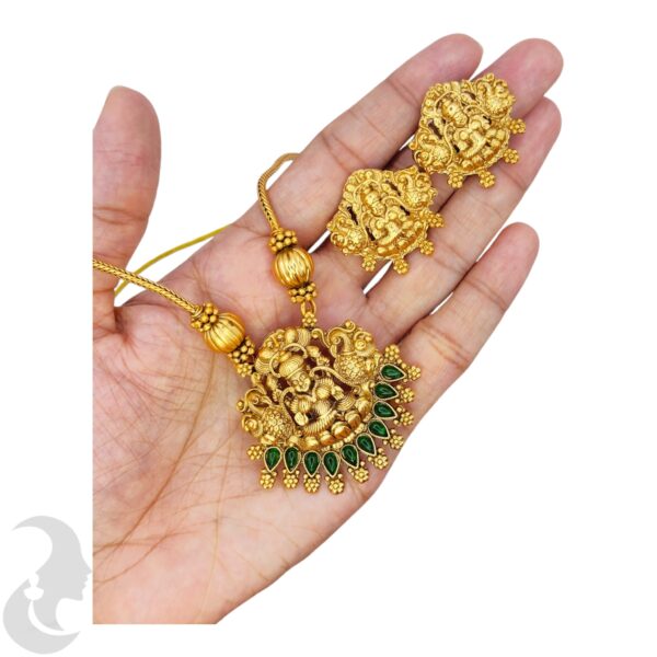 Short Necklace- Lakshmi & Peacock Design- Green Color Stones- Studs, Product Code: V-1651 - Image 2