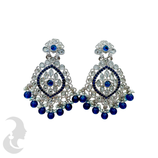 Trendy Silver Earrings- Dark Blue- Plain Stones & Hangings, Product Code: V-1075