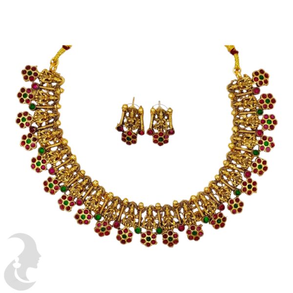 Antique Matte Finish Necklace- Lakshmi Design- Green & Ruby Color Stones- Studs, Product Code: V-1657