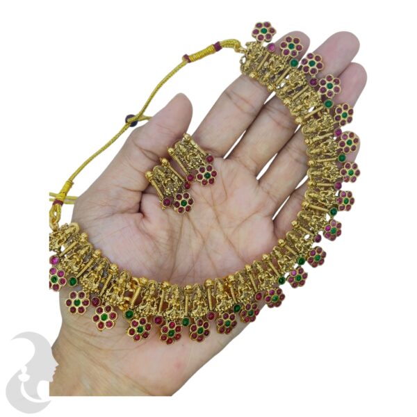 Antique Matte Finish Necklace- Lakshmi Design- Green & Ruby Color Stones- Studs, Product Code: V-1657 - Image 2