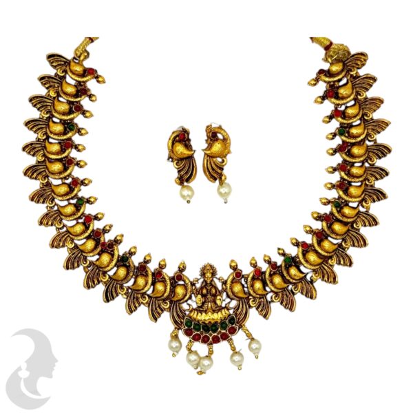 Short Necklace- Lakshmi & Peacock Design- Green & Ruby Color Stones- Peacock Studs, Product Code: V-1658