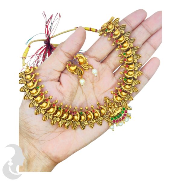 Short Necklace- Lakshmi & Peacock Design- Green & Ruby Color Stones- Peacock Studs, Product Code: V-1658 - Image 2