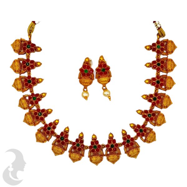 Short Necklace- Orange Gold Necklace- Floral Design- Green & Ruby Color Stones- Studs, Product Code: V-1661