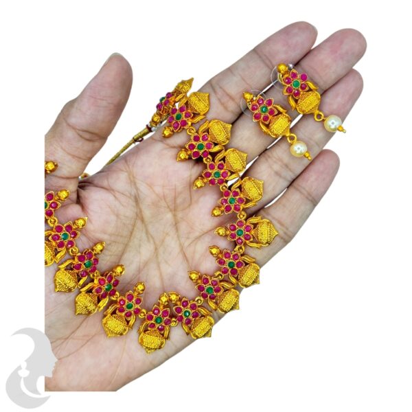 Short Necklace- Orange Gold Necklace- Floral Design- Green & Ruby Color Stones- Studs, Product Code: V-1661 - Image 2