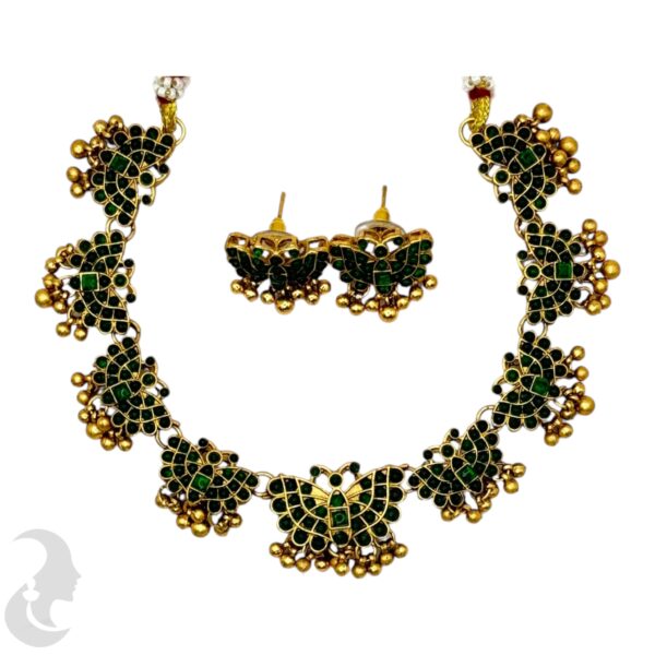 Short Necklace- Butterfly Design- Green Color Stones- Butterfly Studs, Product Code: V-1662