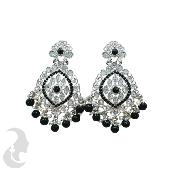 Trendy Silver Earrings- Black -Plain Stones & Hangings, Product Code: V-1806